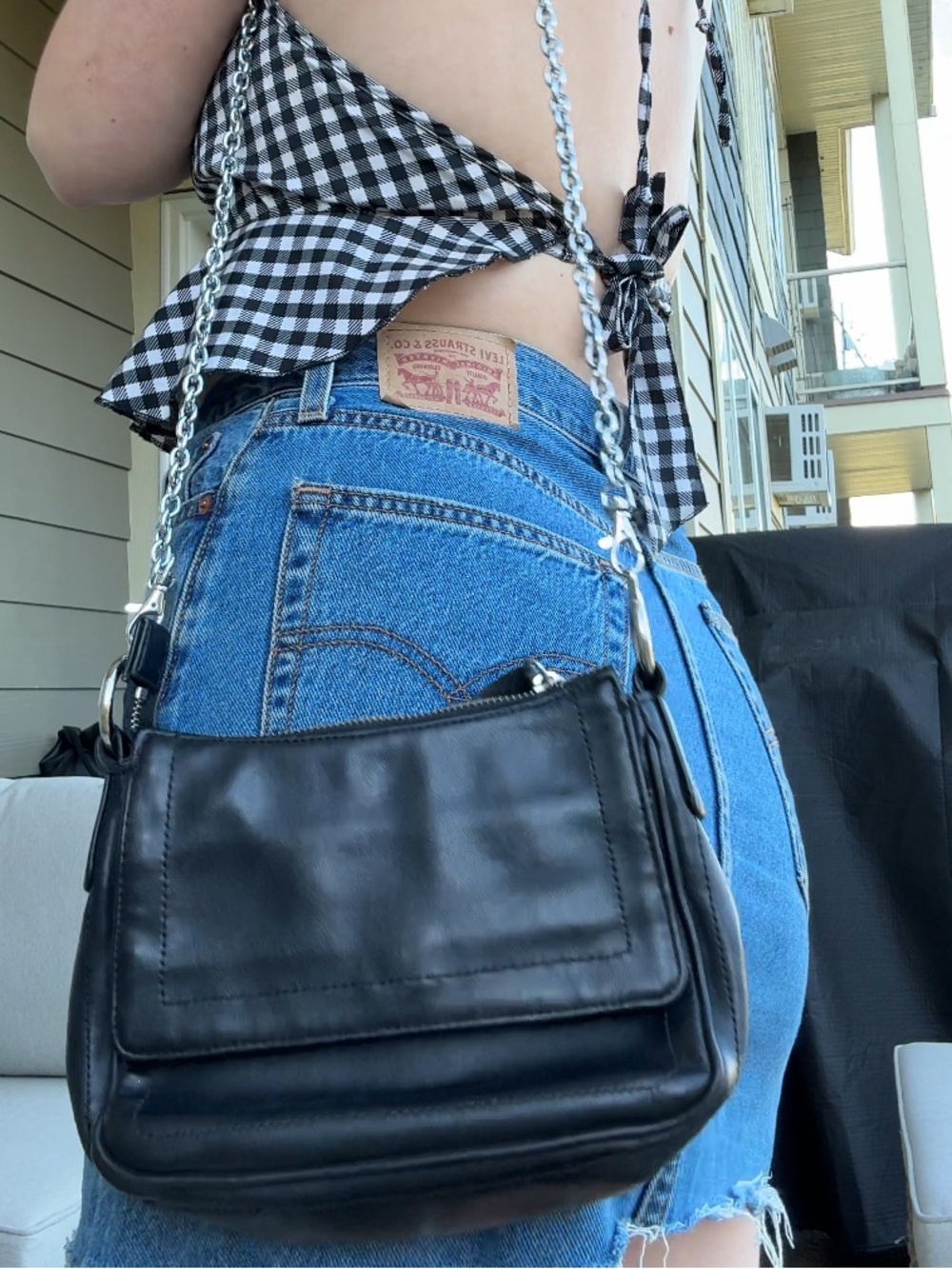 Nine West Classic Black Leather Shoulder Bag with Silver Chain Strap